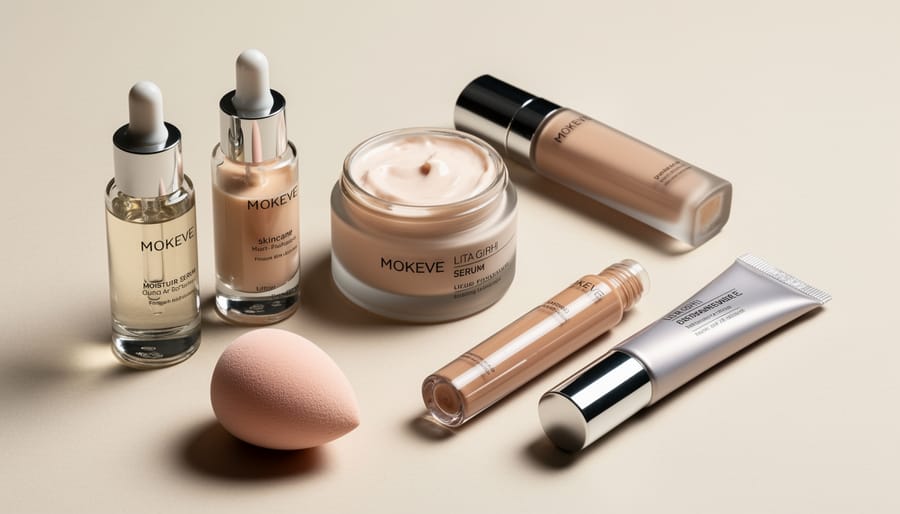 Close-up of a foundation bottle and makeup sponge on a clean vanity shelf.