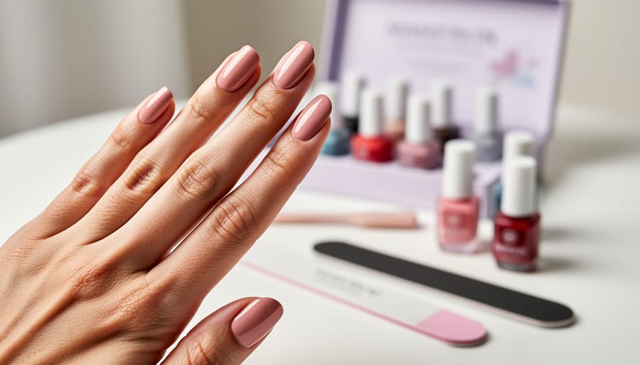Close-up of glossy freshly polished nails on a person’s hand.