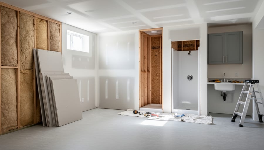 Wide eye-level view of a clean basement renovation for a student rental in Kitchener, showing wall framing, insulation, and a partially finished bathroom and kitchenette area.