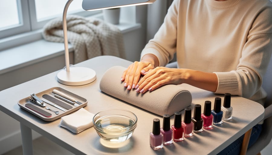Person performing an at-home manicure at a DIY station with wrist support and organized nail tools under a daylight lamp.