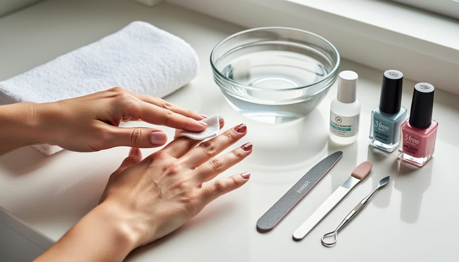 Close view of hands using cotton pad nail polish remover during manicure prep.