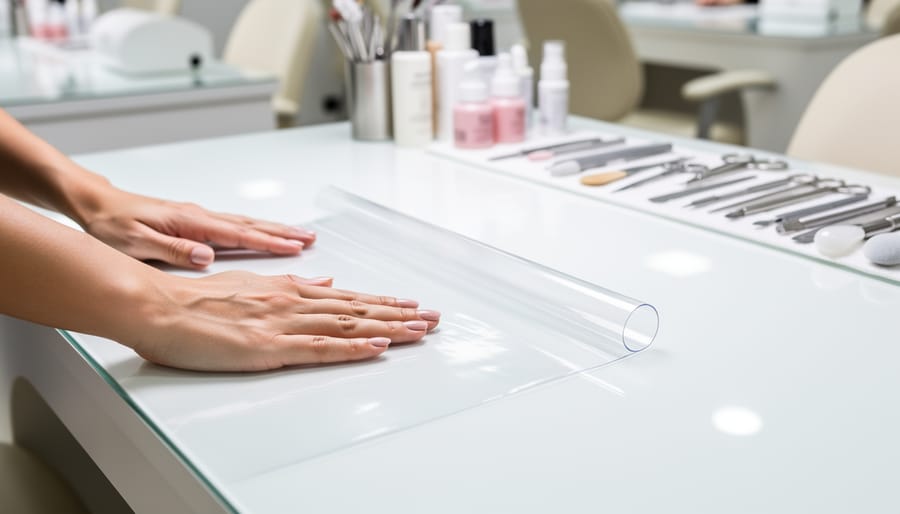 Close-up of hands smoothing a protective vinyl or plastic mat onto a manicure table surface.