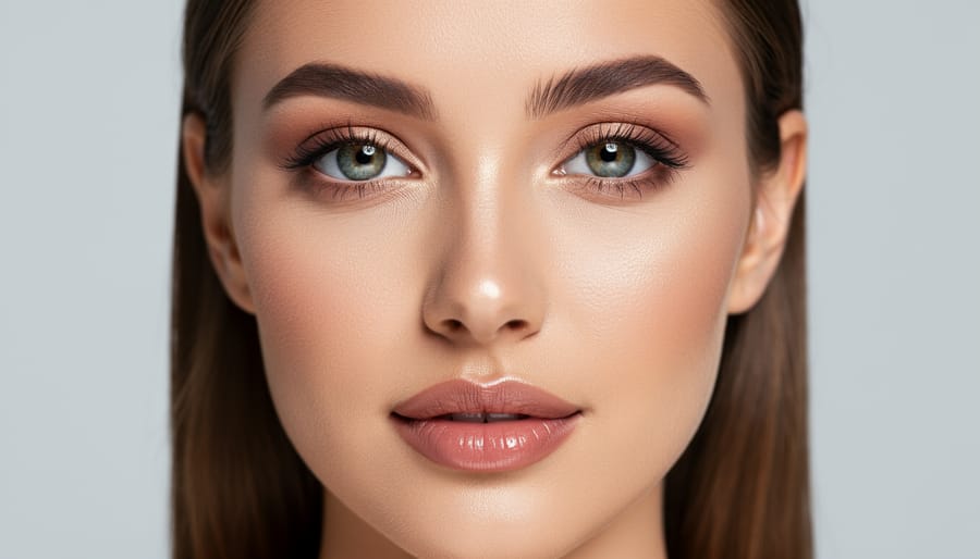 Close-up of a hand applying eyeliner with a ring light glow reflected in a mirror