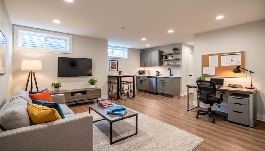 Student in a renovated basement living area with warm lighting and a kitchenette counter