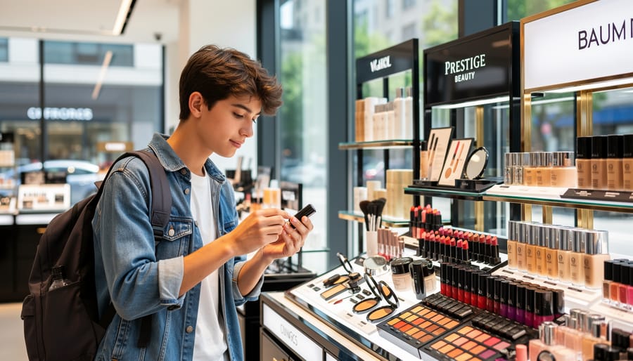 College student browsing prestige beauty products in a store while holding a palette and skincare bottle.