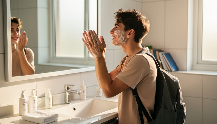 A college student washing their face at a bathroom sink with skincare cleanser and gentle lather.