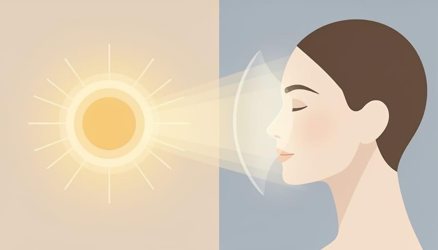 A hand applying sunscreen to a face in warm sunlight near a window.