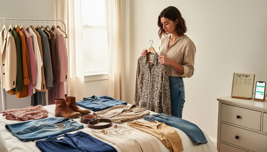Close-up of hands holding a worn denim jacket above folded neutral clothing, with a thrift-shopping theme and budget notebook nearby.