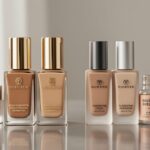 Makeup products arranged on a vanity showing premium, luxury-style beauty packaging alongside simpler mass-market cosmetics in a softly lit scene.
