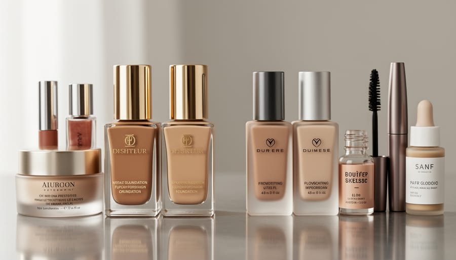 Makeup products arranged on a vanity showing premium, luxury-style beauty packaging alongside simpler mass-market cosmetics in a softly lit scene.