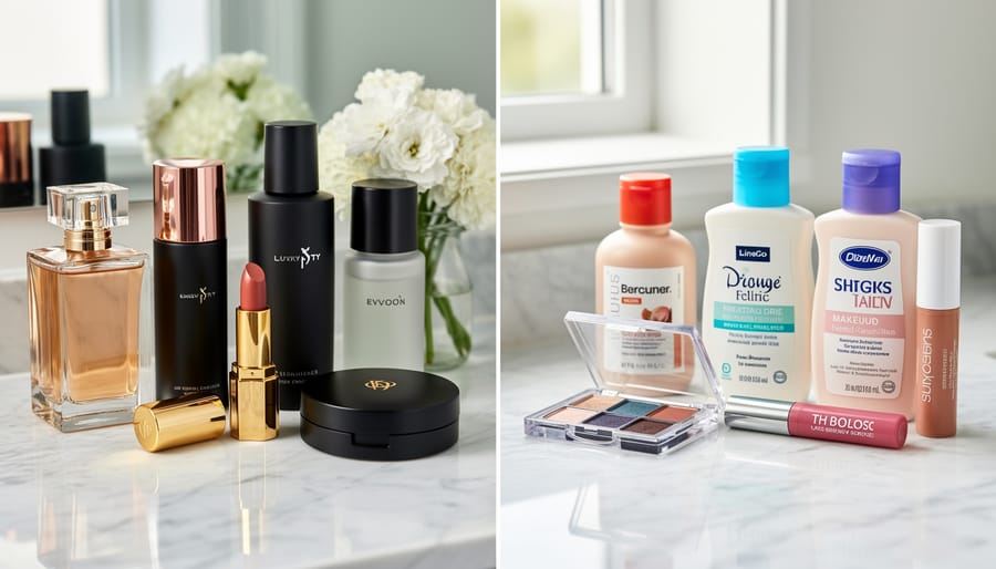 Beauty products arranged on a vanity to illustrate the difference between prestige-style cosmetics and simpler everyday cosmetics.
