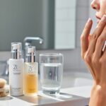 Close-up of a hand applying serum to the cheek while skincare products are neatly arranged on a bathroom vanity under soft daylight.