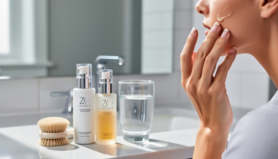 Close-up of a hand applying serum to the cheek while skincare products are neatly arranged on a bathroom vanity under soft daylight.