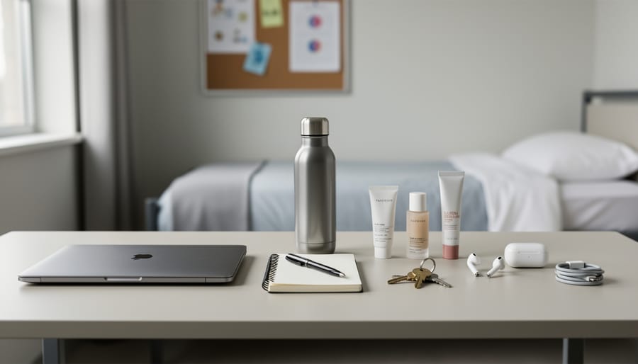 Skincare products arranged neatly on a dorm bedside table including cleanser, serum, moisturizer, and sunscreen.
